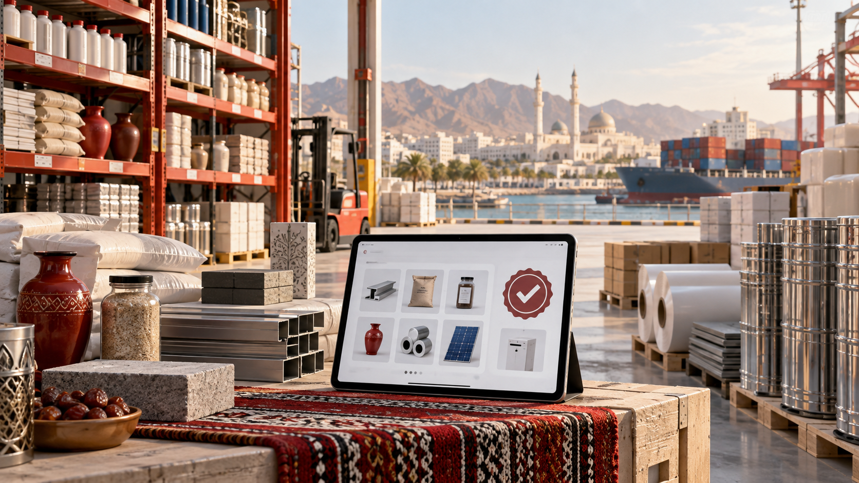 تصویر واقعگرایانه و نمادین از محصولات صنعتی عمان و فهرست دیجیتال کالاها؛ این تصویر کارخانه یا محصولات واقعی خبر نیست